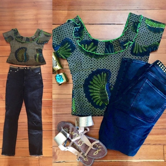 African Wax Print Ruffle Neck Short Sleeve Structured Handmade Blouse - Picture 4 of 9